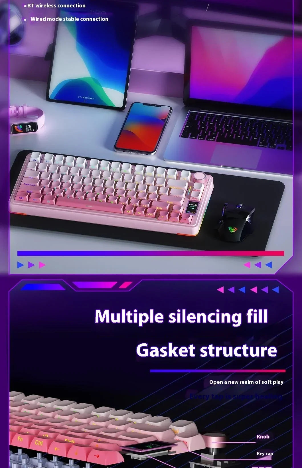 AULA S75Pro Mechanical Keyboard PBT Keycaps 75% Hot Swappable RGB Backlit 4000mAh Wireless Gamer Keyboard with LED Screen Knob