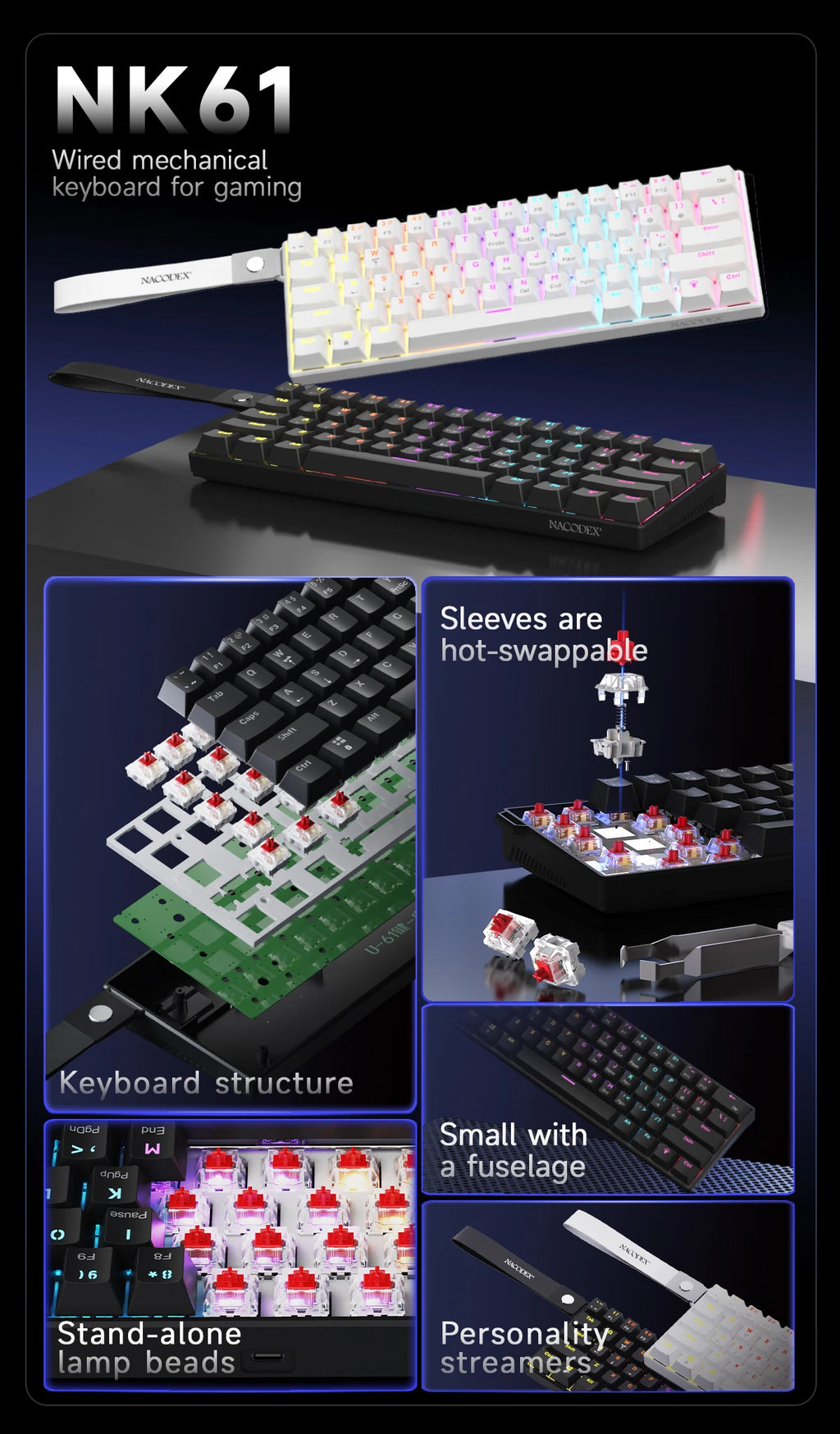 AJAZZ NK61 Wired Gaming Mechanical Keyboard 60% RGB Hot-Swappable 61 Keys Red Switch Mini Keyboard for Gamer PC