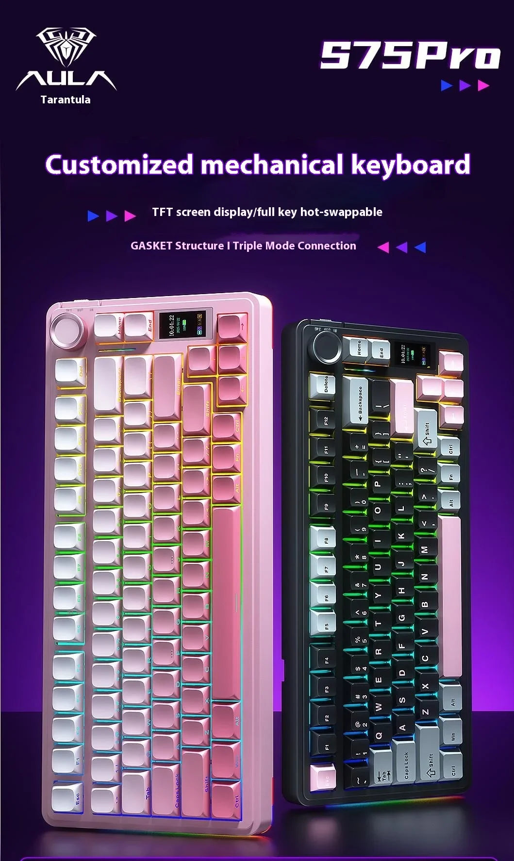 AULA S75Pro Mechanical Keyboard PBT Keycaps 75% Hot Swappable RGB Backlit 4000mAh Wireless Gamer Keyboard with LED Screen Knob