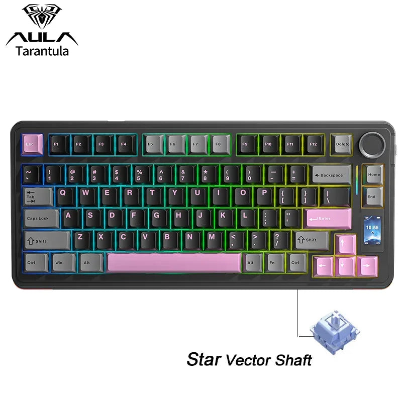 AULA S75Pro Mechanical Keyboard PBT Keycaps 75% Hot Swappable RGB Backlit 4000mAh Wireless Gamer Keyboard with LED Screen Knob