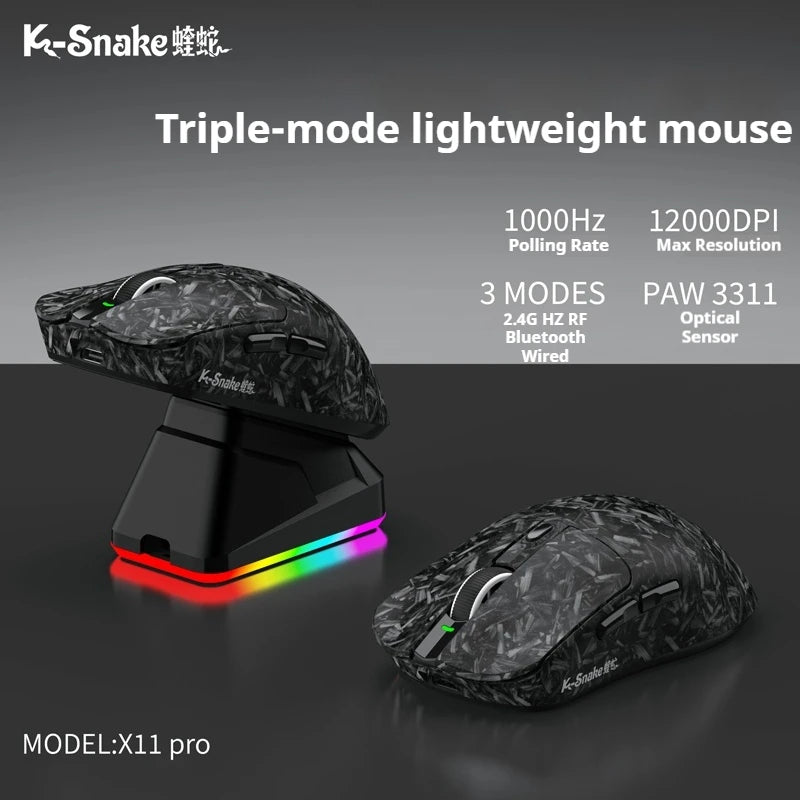 K-Snake X11PM Wireless Bluetooth Gaming Mouse，12000DPI，1000HZ Polling Rate，PAW3311 Sensor，Magnetic Charging Base