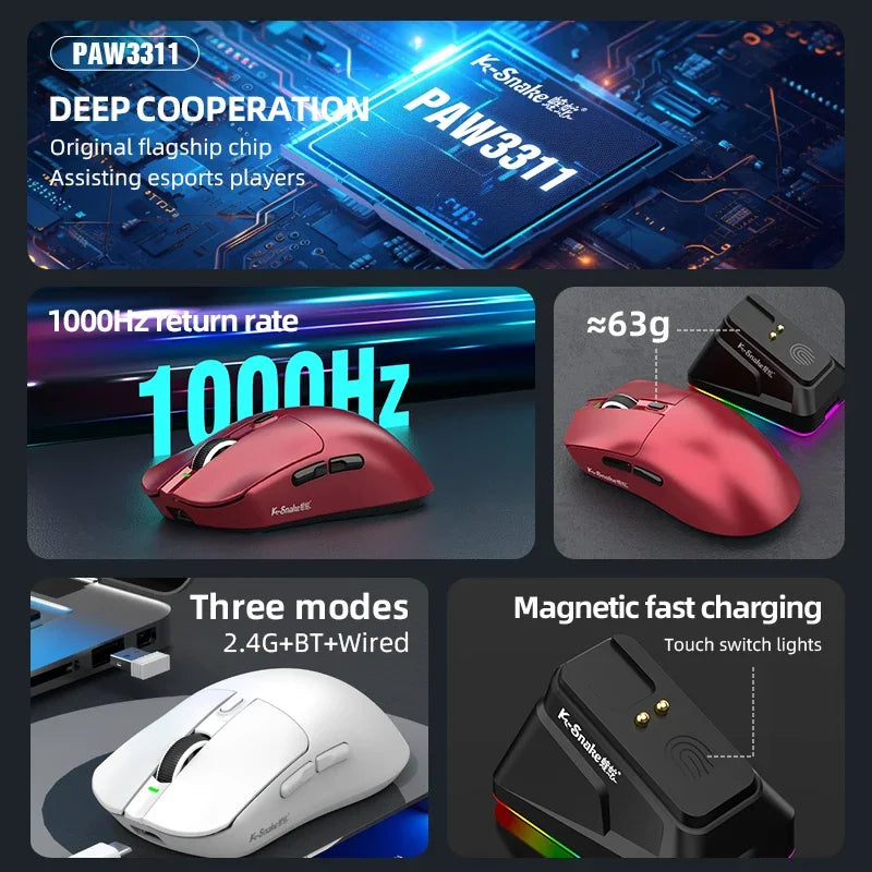 K-Snake X11PM Wireless Bluetooth Gaming Mouse，12000DPI，1000HZ Polling Rate，PAW3311 Sensor，Magnetic Charging Base