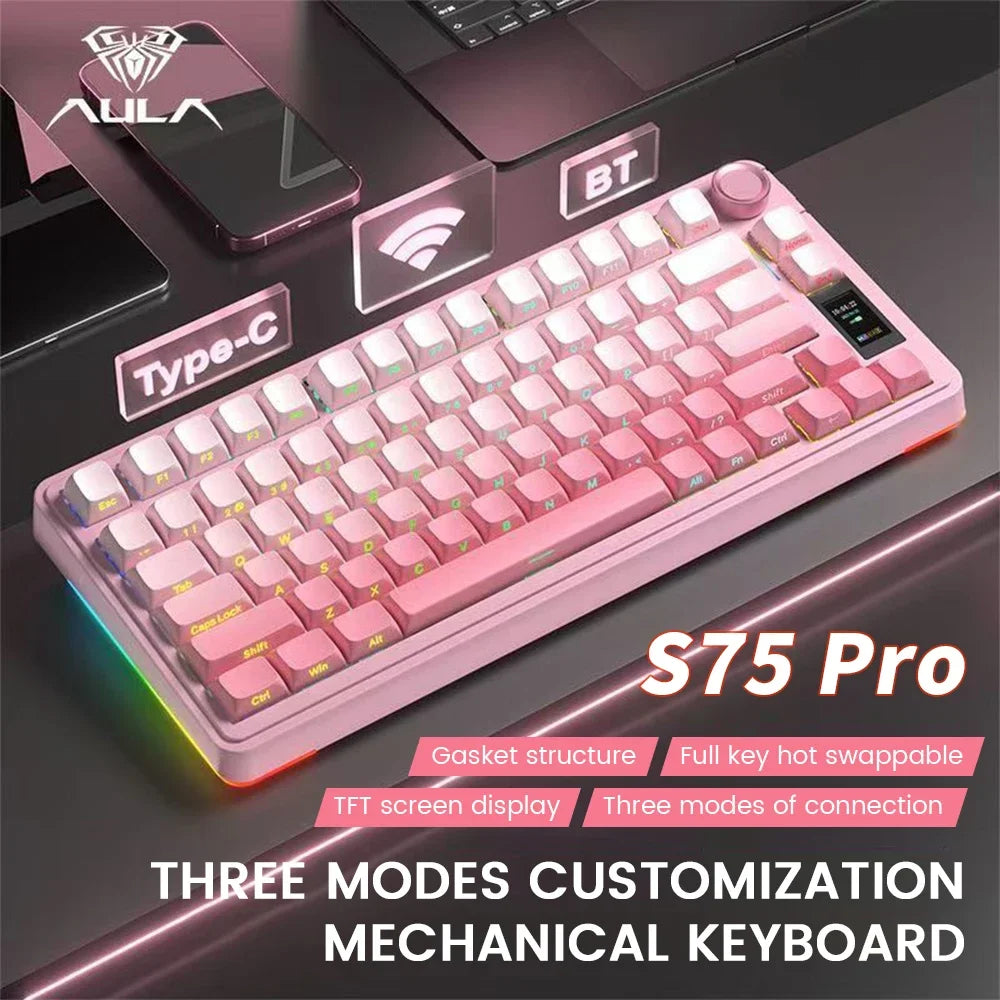 AULA S75Pro Mechanical Keyboard PBT Keycaps 75% Hot Swappable RGB Backlit 4000mAh Wireless Gamer Keyboard with LED Screen Knob