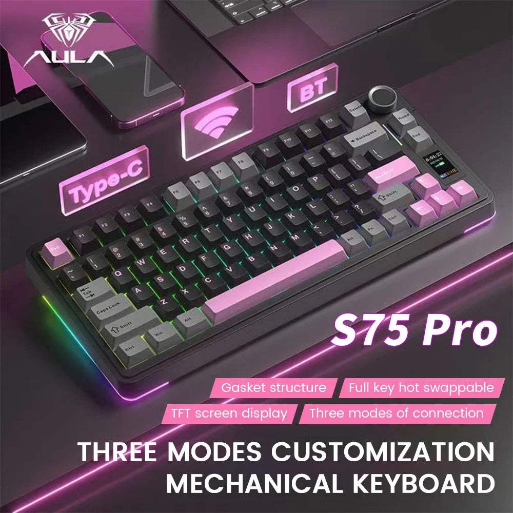 AULA S75Pro Mechanical Keyboard PBT Keycaps 75% Hot Swappable RGB Backlit 4000mAh Wireless Gamer Keyboard with LED Screen Knob