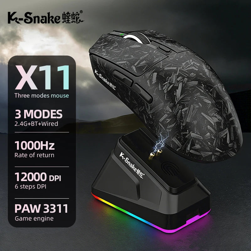 K-Snake X11PM Wireless Bluetooth Gaming Mouse，12000DPI，1000HZ Polling Rate，PAW3311 Sensor，Magnetic Charging Base