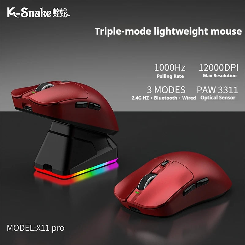 K-Snake X11PM Wireless Bluetooth Gaming Mouse，12000DPI，1000HZ Polling Rate，PAW3311 Sensor，Magnetic Charging Base