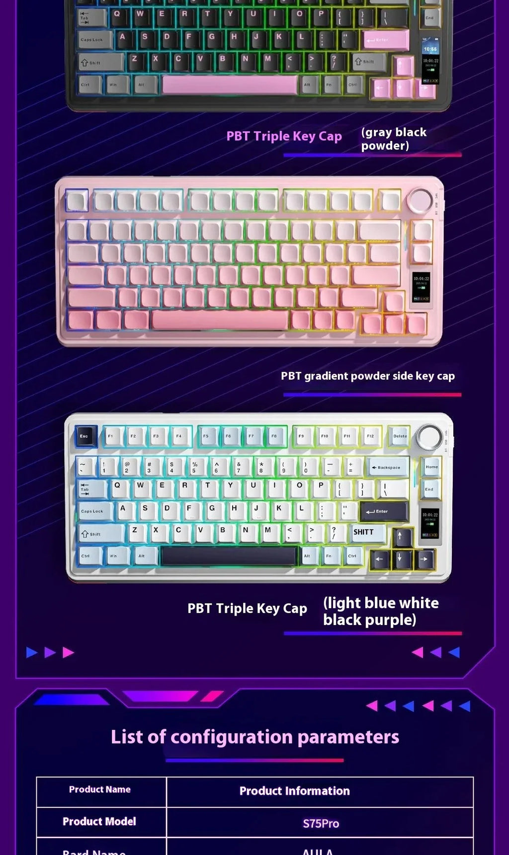 AULA S75Pro Mechanical Keyboard PBT Keycaps 75% Hot Swappable RGB Backlit 4000mAh Wireless Gamer Keyboard with LED Screen Knob