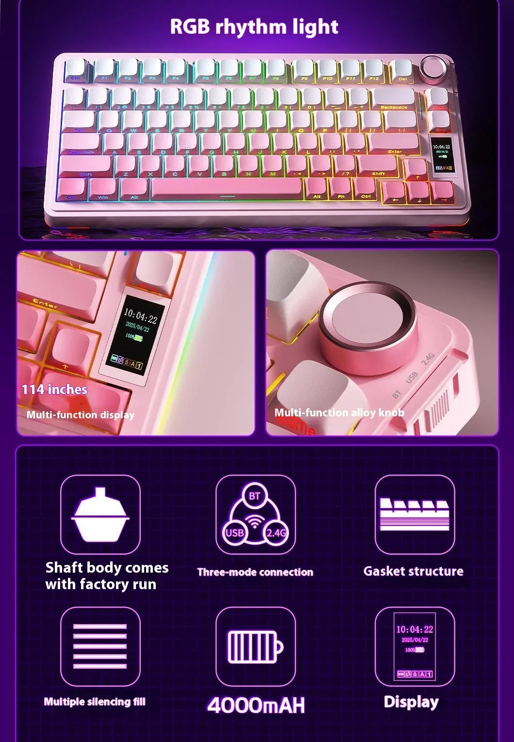 AULA S75Pro Mechanical Keyboard PBT Keycaps 75% Hot Swappable RGB Backlit 4000mAh Wireless Gamer Keyboard with LED Screen Knob