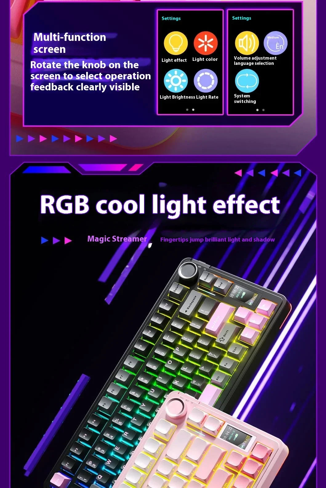 AULA S75Pro Mechanical Keyboard PBT Keycaps 75% Hot Swappable RGB Backlit 4000mAh Wireless Gamer Keyboard with LED Screen Knob