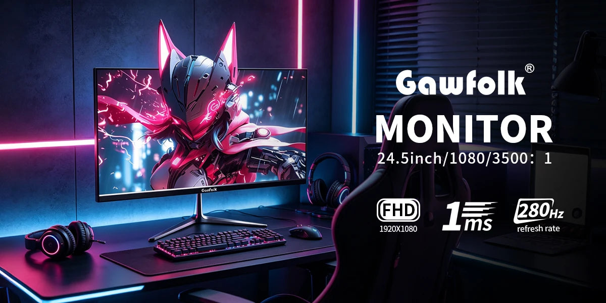 Gawfolk 24.5 Inch FHD 1080P 300Hz Flat Gaming Monitor with Built-in Speakers Eye Care Computer Display
