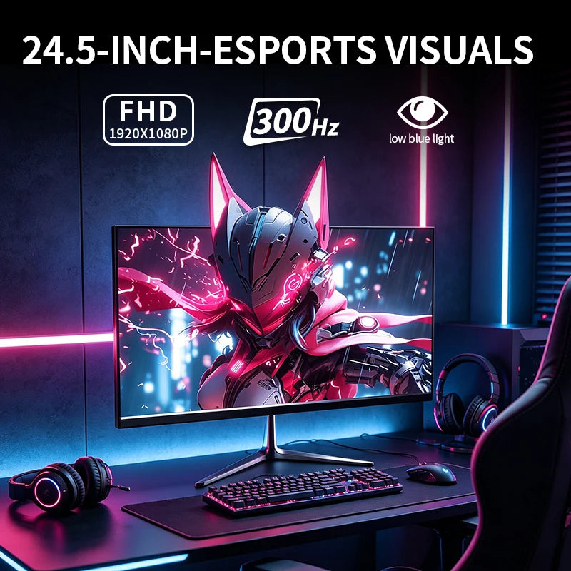 Gawfolk 24.5 Inch FHD 1080P 300Hz Flat Gaming Monitor with Built-in Speakers Eye Care Computer Display