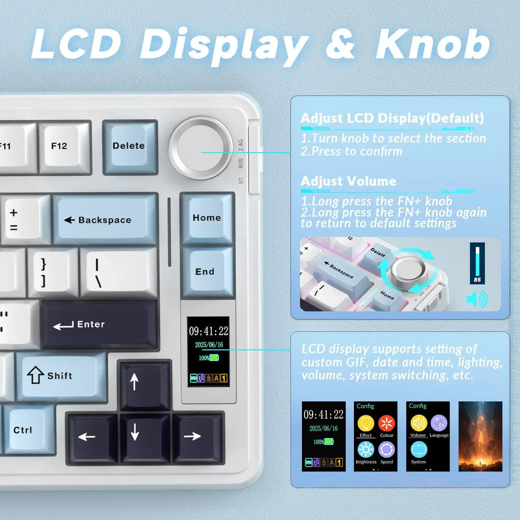 AULA S75Pro Mechanical Keyboard PBT Keycaps 75% Hot Swappable RGB Backlit 4000mAh Wireless Gamer Keyboard with LED Screen Knob